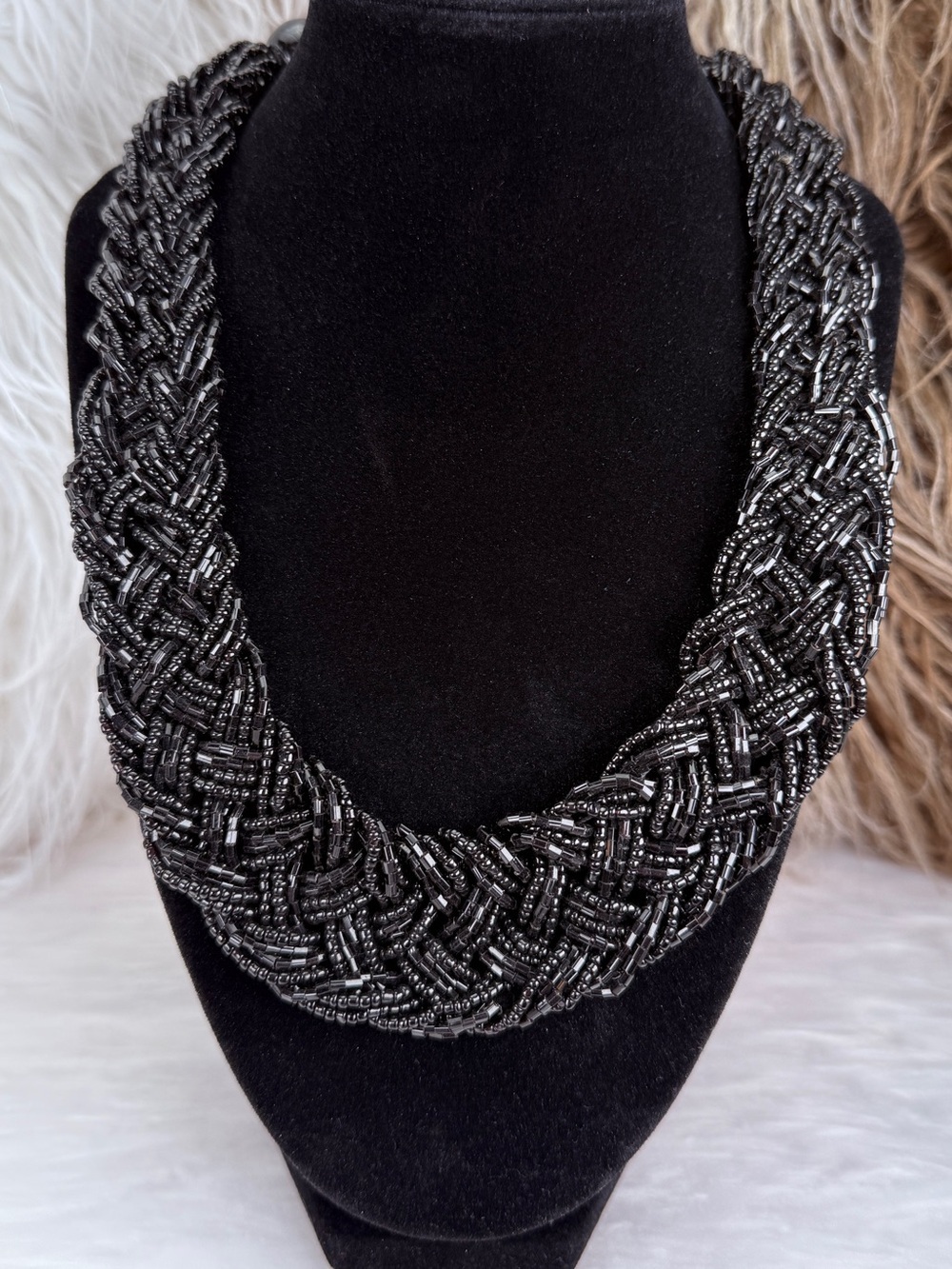 Vintage Black Multi Strand Seed Bead Statement Necklace Braided